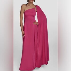 Donna Karan Hot Pink One-Shoulder Maxi Gown with Draped Cape
